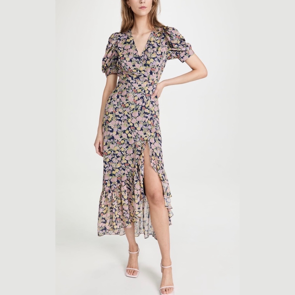 NWT Yumi Kim Andrea Puff Sleeve Ruffle Hem Midi Dress in Laguna Breeze M…